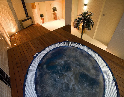 baño de habitacion con ceramica en las paredes y pisos de madera con un jacuzzi privado en un hotel en Logroño, La rioja